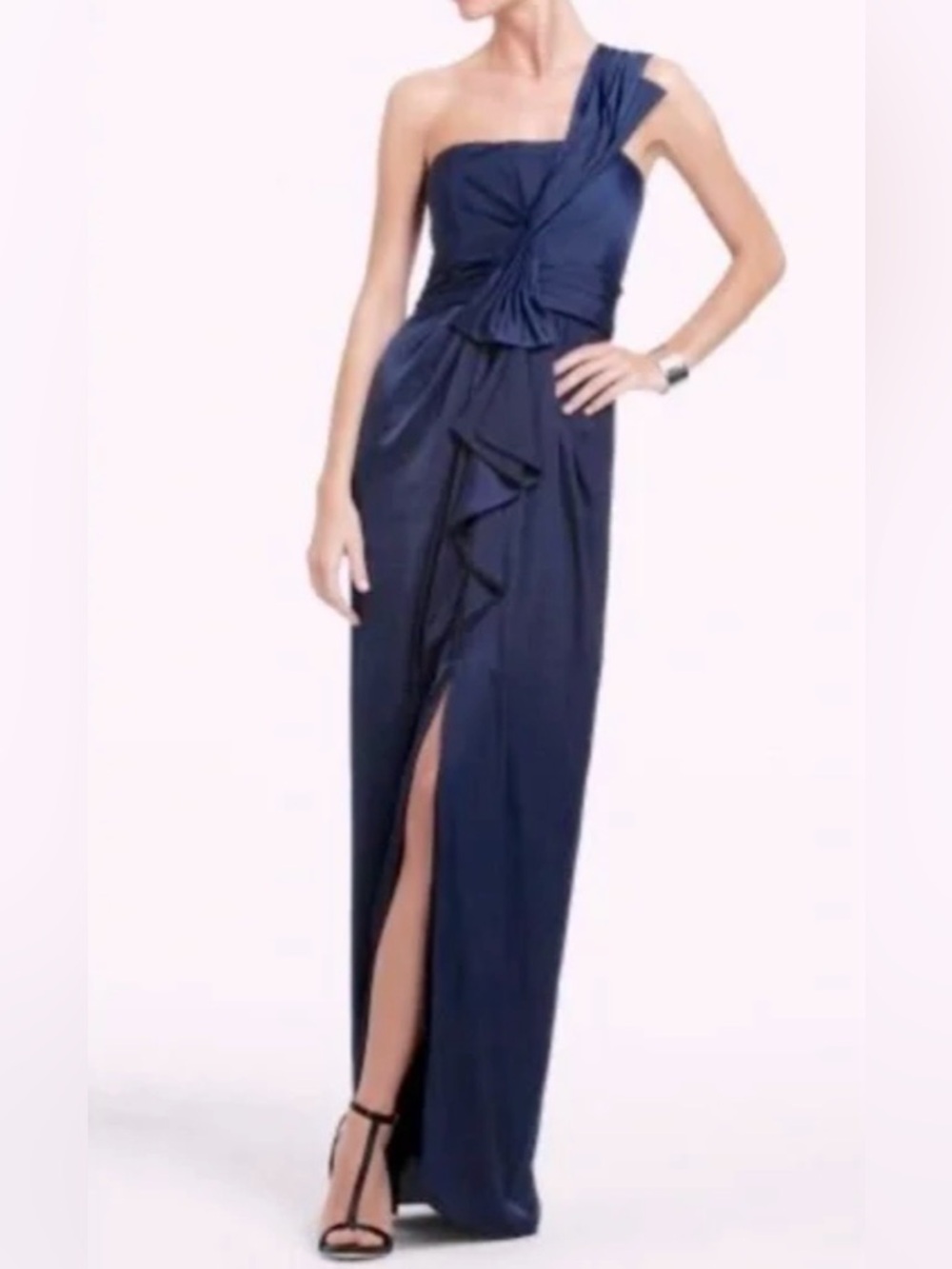 BCBGMaxAzria Barbara One-Shoulder Satin Ruffle High Slit Gown Womens Size 2